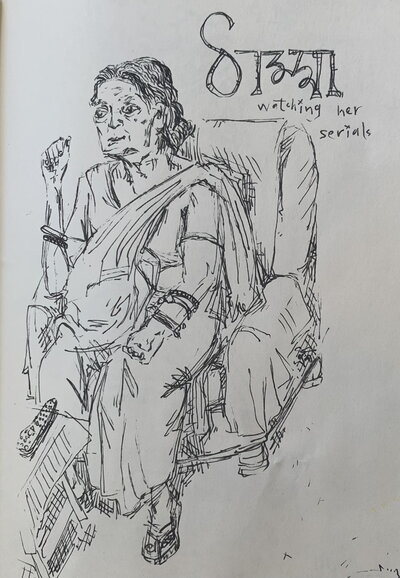 “tama watching here serials” pen on paper, 2024. 
